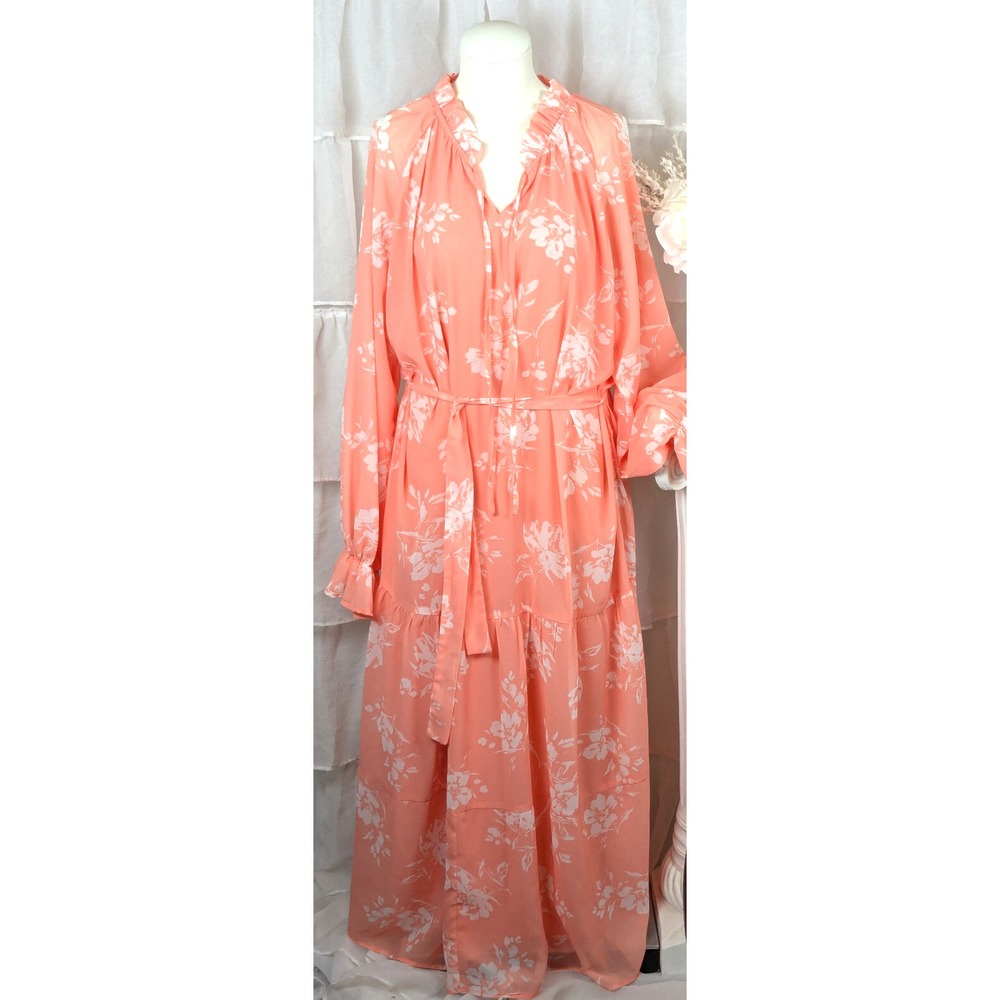 Pink Lily by Natalie Kennedy Tiered Peach Floral Midi Dress Plus Size 3XL - Picture 7 of 15